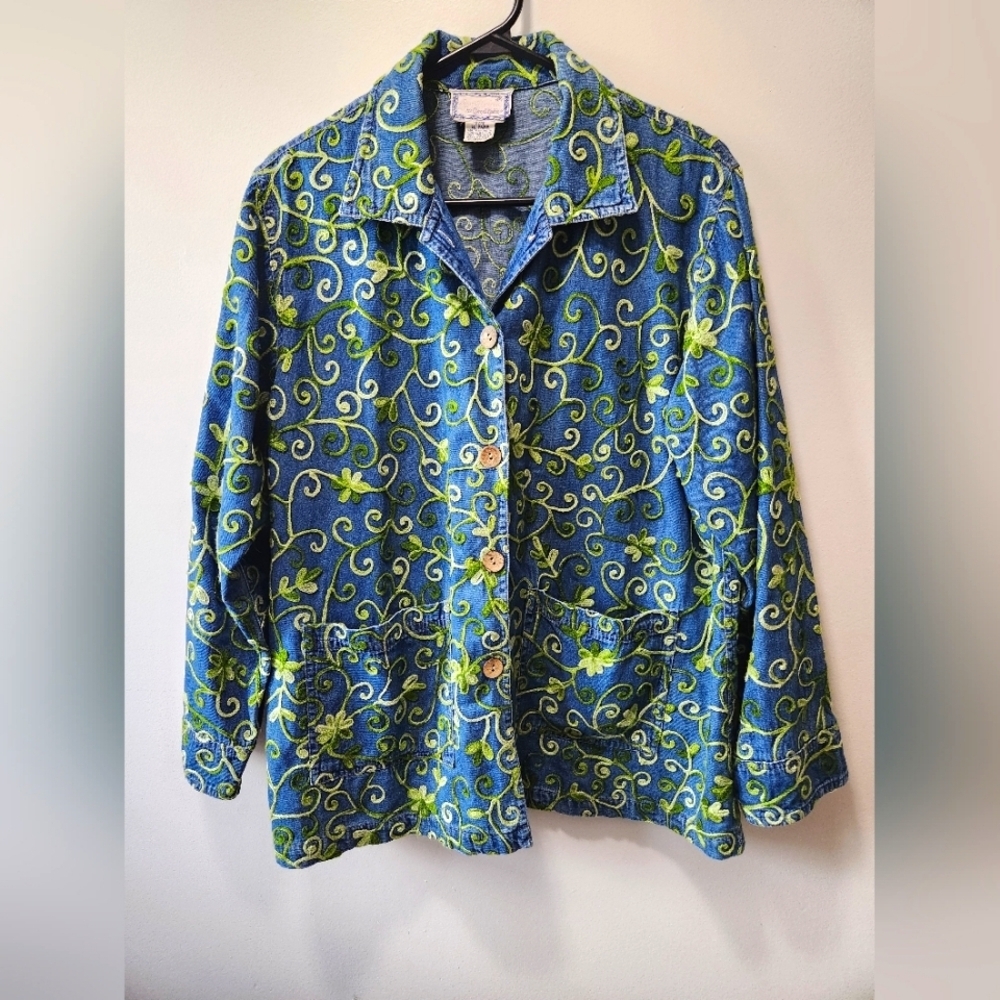 1980's Vintage April Cornell Denim Floral Ivy Embroided Jacket, Size S/M